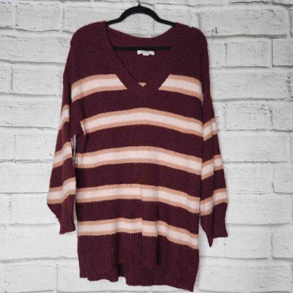 American Eagle Striped V Neck Knit Oversize Pullover Sweater Burgundy Size Small